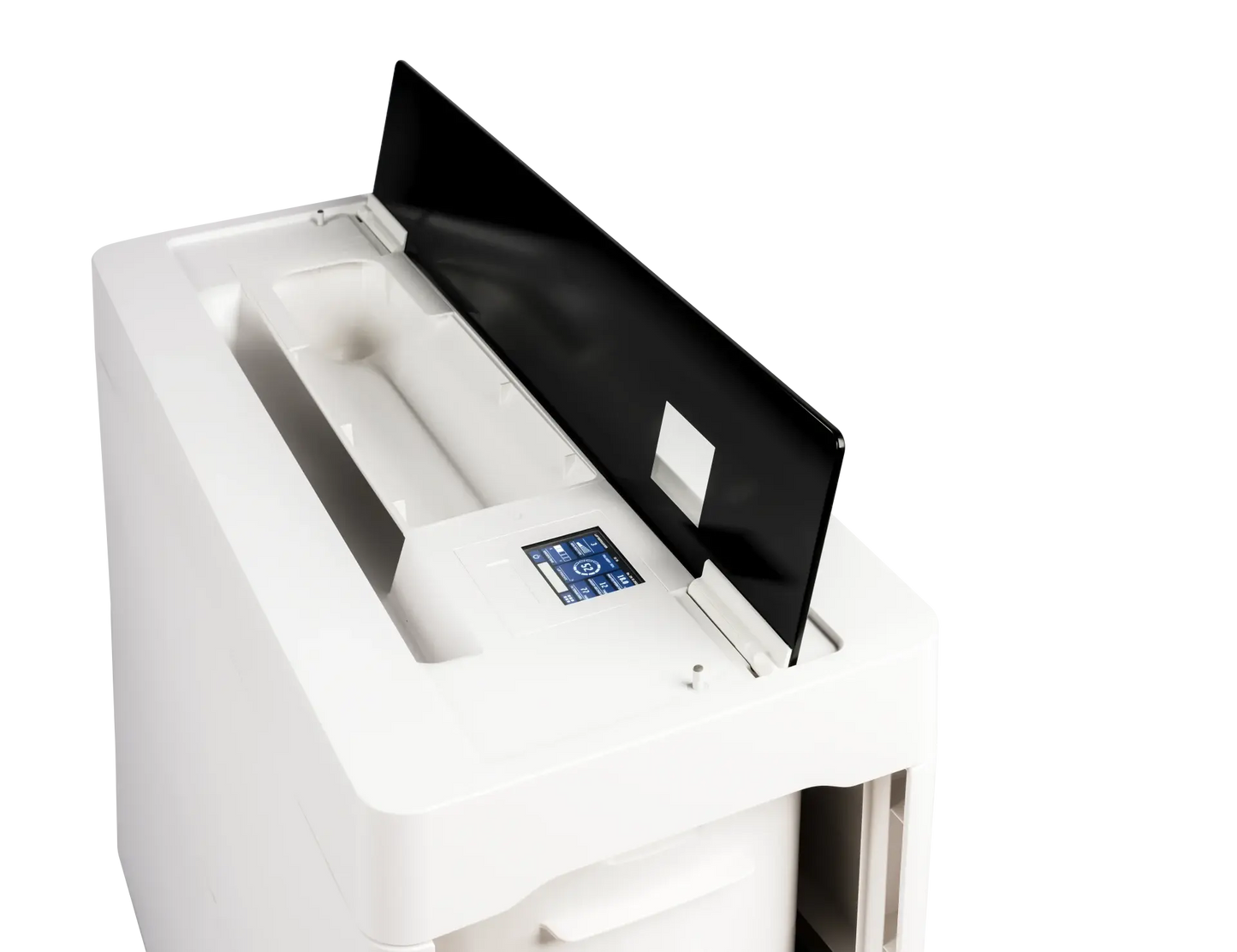 Top view of the BRUNE B 600 Professional Humidifier with open top cover showing the touch display.